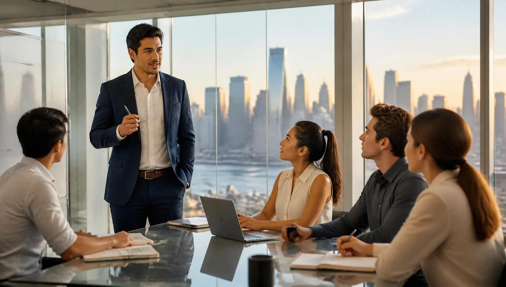 Luis Romero mentoring a group of young finance professionals in a modern Manhattan office