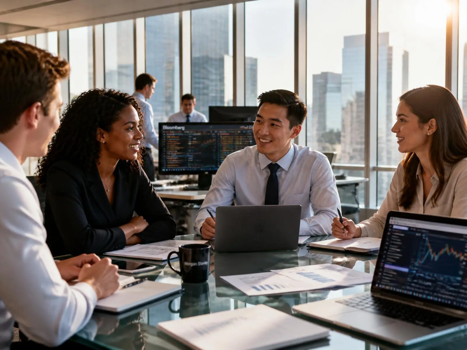 Finance analysts collaborating in a modern office