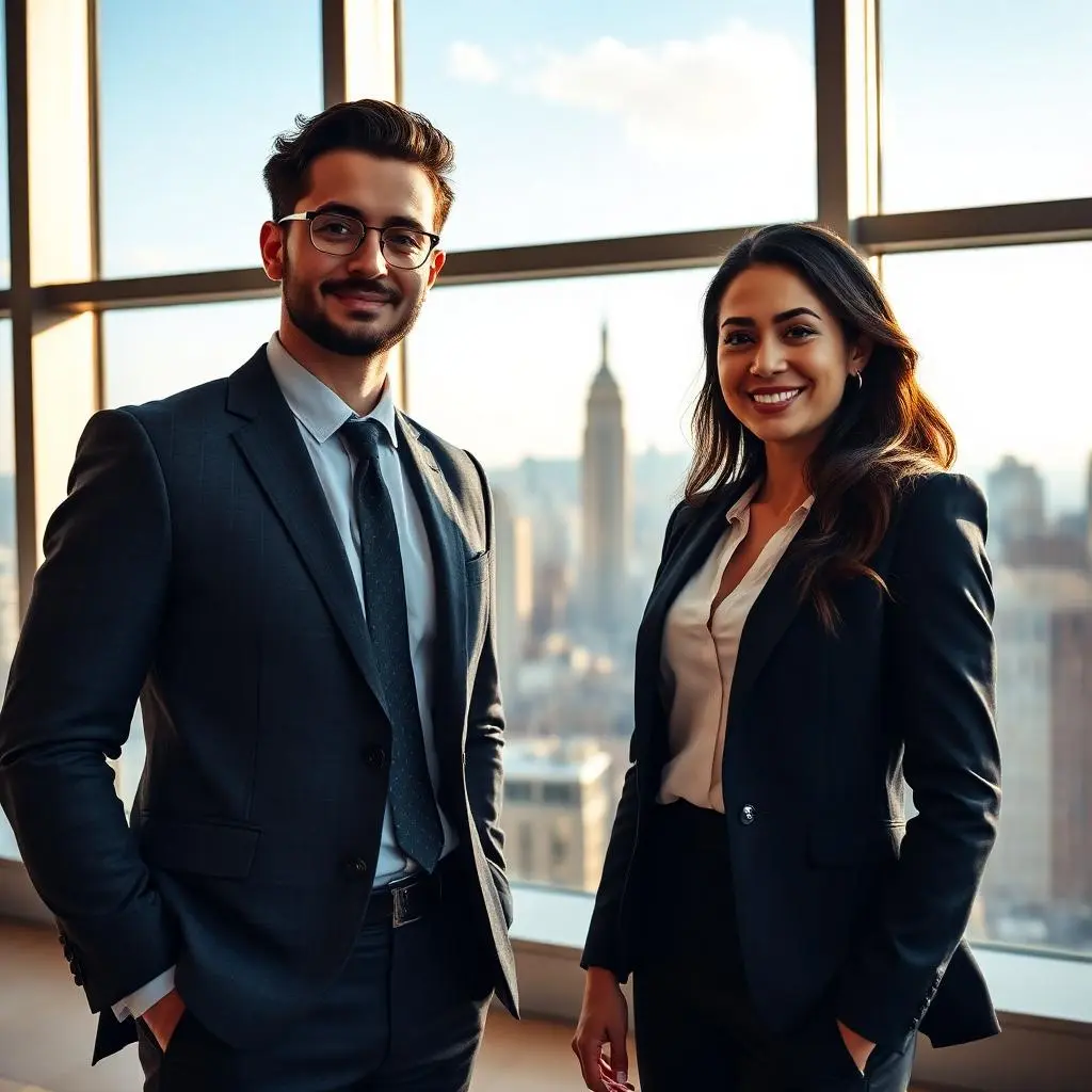 Confident young male and female finance professionals in a Manhattan office