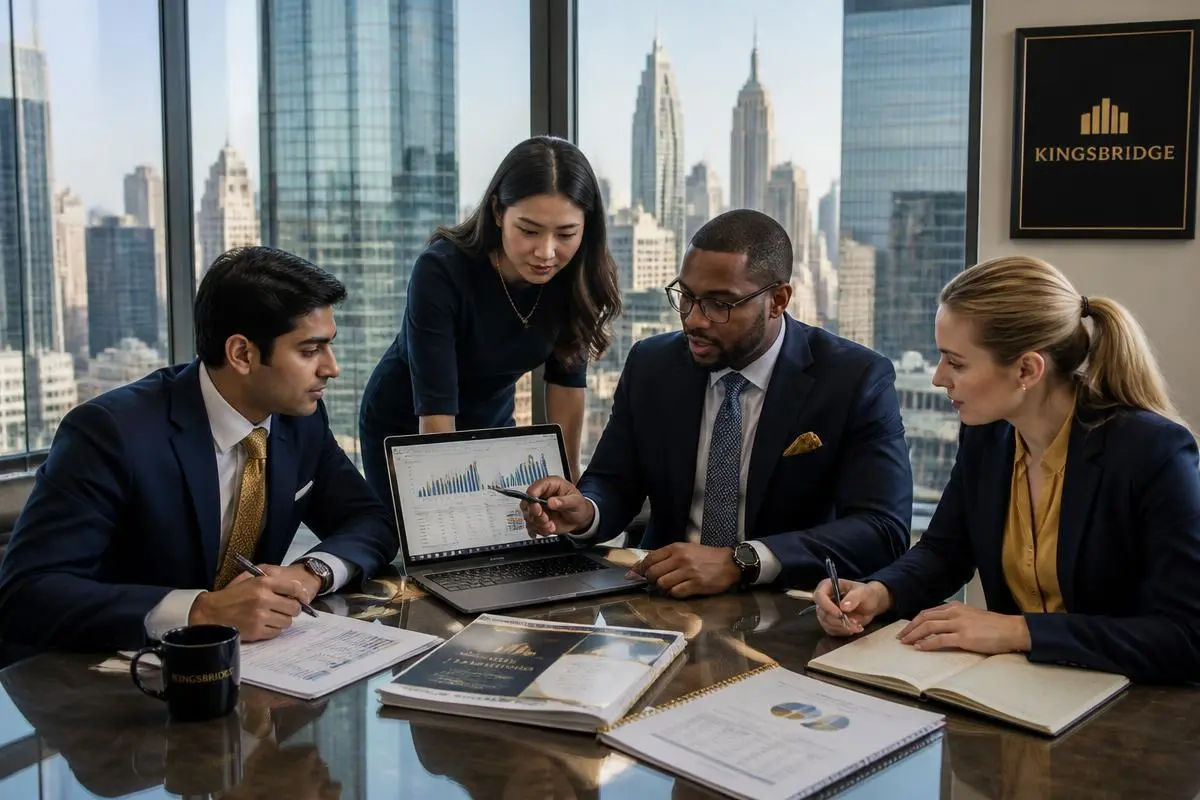 Finance professionals reviewing models in a Manhattan office